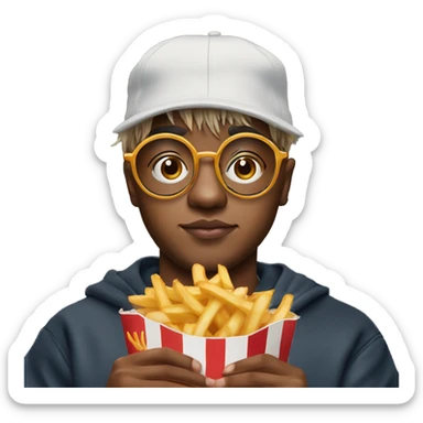 Juice WRLD holding fries wearing a grandad cap and circle frame glasses sticker