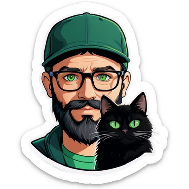 A bold man with a grey baseball cap, green eyes, big beard and glasses holding a black cat sticker
