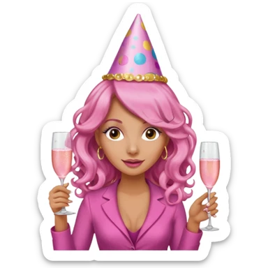 One lady with long pink curled hair and tan skin holding a glass of  pink champagne in each hand sticker