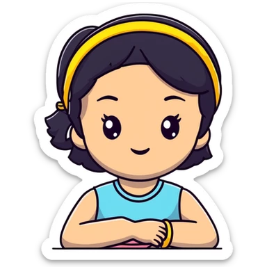 lightskin young girl with black straight hair and dark eyes, wearing a headband, cheerful sticker