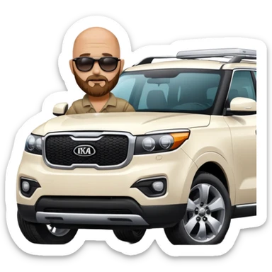 bald man with beard sitting on top of a white Kia Mohave SUV sticker