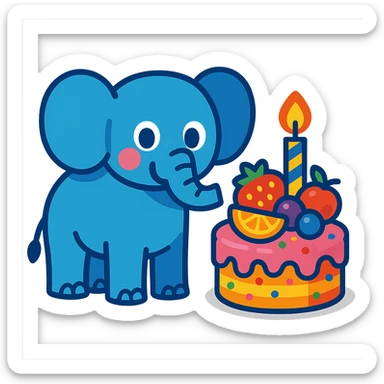 elephant beside one colorful candle-lit fruit cake, vibrant-toon style sticker