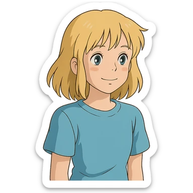 ghibli style blonde girl wearing a t-shirt sticker