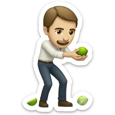 The same white man with brown hair bending down to pick up many fallen limes on the floor . sticker