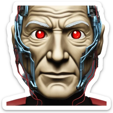 Jean luc picard from Star Trek assimilated by the Borg, with mechanical metal covering the left side of his face, with wires and a red light on the left side. His eyes are blue sticker