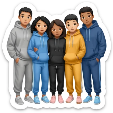 four mixed race friends all wearing oversized hoodies, sweatpants, and slides huddled together hugging sticker
