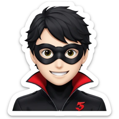 Akira persona 5 in a sleek black mask, playful eyes showing sticker
