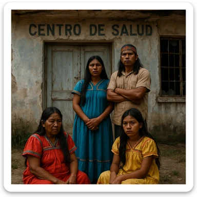 Costa Rican indigenous people in front of a closed or dilapidated medical center, reflecting lack of access to health services sticker