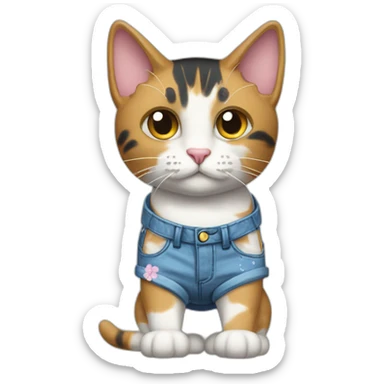 Purradise Meowscles is a buff calico cat  he has a mullet, a floral designed t shirt that is unbuttoned and blue and white stripped shorts sticker