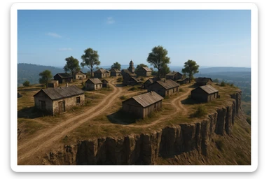 A small hilltop mesa city in the videogame dayz, screenshoot  sticker