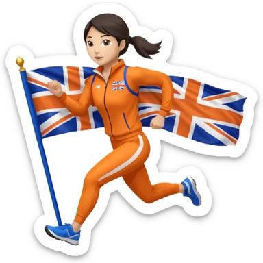asian woman in orange sport suit and holding uk flag on the back, running sticker