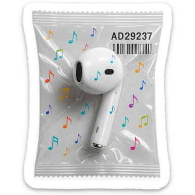 single white EarPod with scattered tiny rainbow glass music notes, glossy sticker