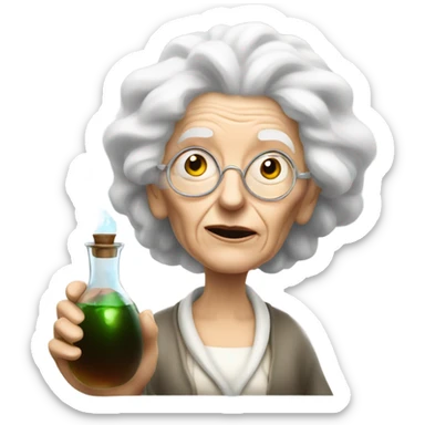Crazy old lady with big white hair holding a potion bottle sticker