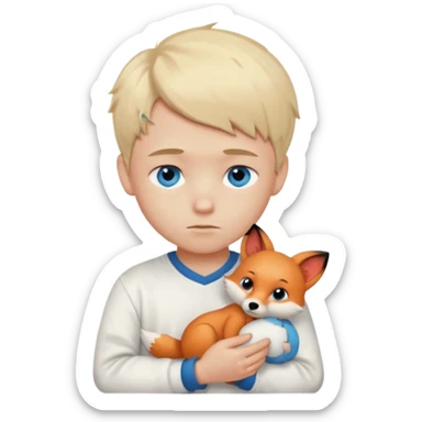 Light blonde,Shy , cute ,young Boy emoji, blue eyes, blushing, looking down, sad, white clothes, with a Small plush toy fox in the arm sticker