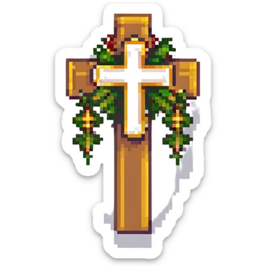 Add a golden cross to the holy grail, keep the pixel art style and shining effect, no background. sticker