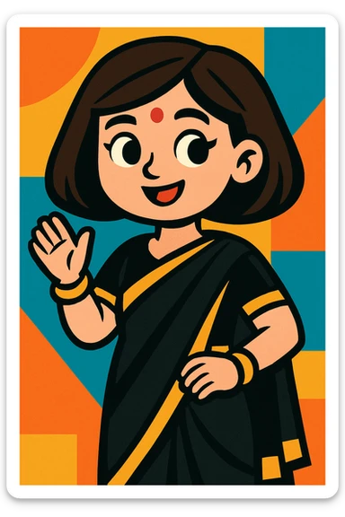 a girl in a black Indian outfit, bob cut brown hair, white skin, in a vibrant toon style sticker