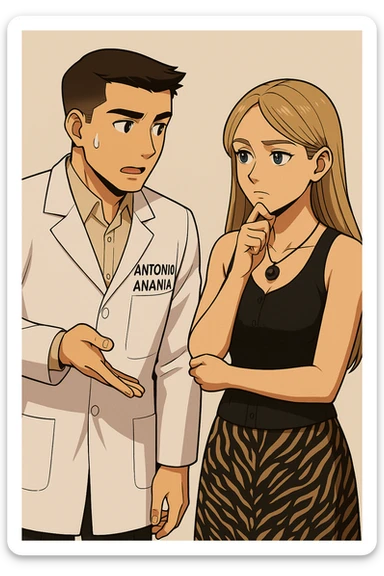 fai un webtoon/manga a colori con questo kinesiologo in camice bianco (fagli la scritta "ANTONIO ANANIA" SUL CAMICE) CHE PARLA CON QUESTA RAGAZZA CON GLI OCCHI AZZURRI. la ragazza HA UN DITO SUL MENTO MENTRE PENSIEROSA gli fa una domanda e IL KINESIOLOGO CON IL CAMICE BIANCO LE risponde. NON FARE I FUMETTI, FAI SOLO LORO COME SE DIALOGASSERO sticker