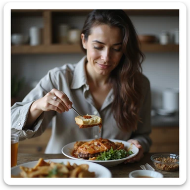 realistic hyper-detailed 4K image of a woman weighing a small portion of food but adding many condiments, with a satisfied expression, in a home environment sticker