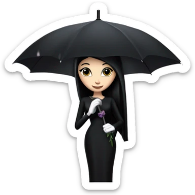 Audrey Hepburn as Morticia Addams at a rainy funeral holding a lacey umbrella.  Jewelry,veil hiding face,gloves,purse.  sticker
