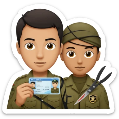 Floating black Scissors cutting in half an idf soldier ID card with a little chip in 2 parts .hyper realistic sticker