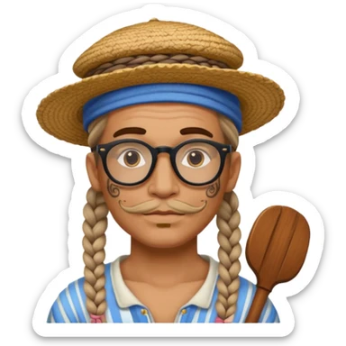 very tattoed face, normal glassess, fat venice gondolier with iconic hat and thick braided hair sticker