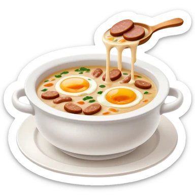 Cinematic Realistic ≈ªurek Soup Dish Emoji, depicted as a tangy, creamy rye soup with sausage and egg rendered with detailed textures and warm, comforting lighting. sticker