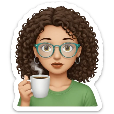 White girl with dark brown curly hair, brown eyes, sky blue glasses, nose piercing septum, green t shirt, drinking coffee from a cup sticker