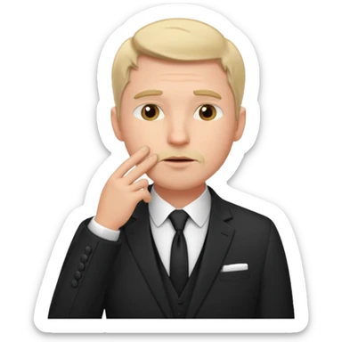 white man in formal suit thinking hard, hand to mouth sticker