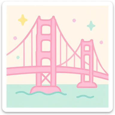 {
  "style_description": {
    "overall_look": "Cute, minimal, and soft with a friendly and playful tone",
    "material_simulation": {
      "primary_material": "flat digital color",
      "texture_detail": "smooth surfaces with no texture or shading",
      "pattern": "none or very simple decorative accents (e.g., hearts, stars)"
    },
    "geometry": {
      "edge_style": "rounded, soft curves with no sharp angles",
      "dimensionality": "flat two-dimensional appearance with simple shapes"
    },
    "color_palette": {
      "scheme": "pastel and light tones",
      "preferred_colors": ["pink", "mint", "lavender", "baby blue", "peach"],
      "contrast": "low contrast with bright accents"
    },
    "facial_features": {
      "eyes": "large, sparkly, often oval or circular",
      "mouth": "small, often a simple curve or dot",
      "expression": "joyful, innocent, or calm"
    },
    "lighting": {
      "type": "none or implied with soft highlights",
      "purpose": "maintain a clean and cheerful look"
    },
    "render_constraints": {
      "avoid": ["realistic shading", "high detail", "dark themes", "texture noise"],
      "focus_on": ["cute expression", "iconic simplicity", "emotional warmth"]
    },
    "background": {
      "color": "white or soft pastel",
      "style": "plain or patterned with simple icons (e.g., polka dots, stars)",
      "lighting_consistency": "no shadows, evenly lit feel"
    }
  }
}

{subject} = golden gate bridge sticker