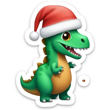 Dinosaur with a Christmas hat next to a Christmas tree sticker