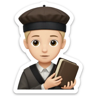 a boy with kippa and not a hat putting on tefillin sticker