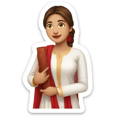 A modern women wearing white kurti  red dupatta and book in hand sticker