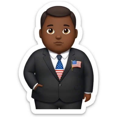 overweight person in dark suit with US flag pin sticker