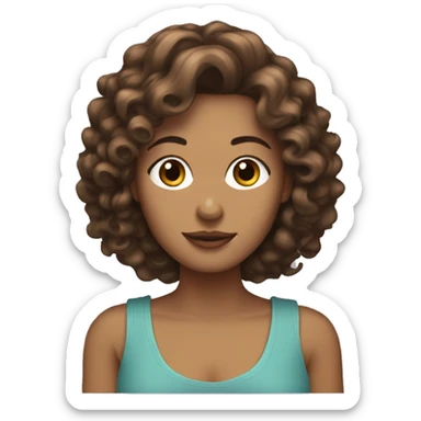 white women with curly medium length brunette hair, holding a yorkie dog sticker