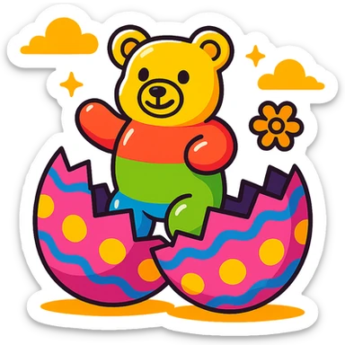 a gummy bear emerging from a cracked Easter egg, colorful, cute, simple background, bright colors, playful sticker