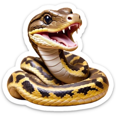 Cinematic Cute Yawning Python Portrait Emoji, Head tilted slightly with a dramatic, wide-open yawn, showcasing a sinuous, scaled form with drowsy, half-closed eyes and an open, relaxed mouth, Simplified yet irresistibly adorable features, highly detailed, glowing with a soft, cozy earthy glow, high shine, relaxed yet expressive, stylized with a dash of whimsical reptilian charm, soft glowing outline, capturing the essence of a drowsy yet affectionate python that appears ready to stretch out for a nap! sticker