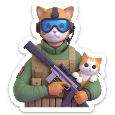 Man in tactical airsoft gear wearing protective goggles on face, holding a gun in one hand and a white and brown cat in the other hand sticker