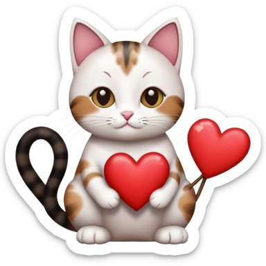 Un chat batar blanc avec noir et un petit peu de marrons il tient des cœurs  sticker
