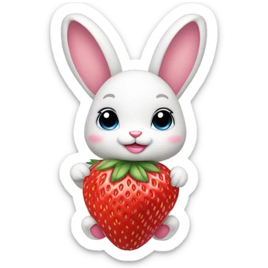 a bunny with a coquette bow on the side of her head with a strawberry in her hand with a purse sticker