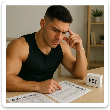 young muscular bodybuilder in sportswear sitting at a table with blood test sheets and a box labeled 'PCT', concentrated expression consulting test values, attentive atmosphere, Italian text and tables, tidy room background, 4K quality sticker