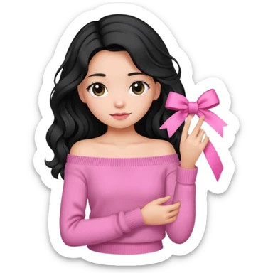 Girl with black wavy little long hair and a ribbon hair clip beside it make it look like wearing a pink off shoulder sweater  sticker