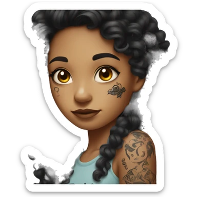 girl with dark curly hair with tattoo on her arm sticker