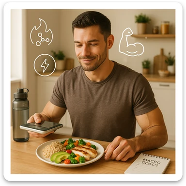 A fit man in his early 30s, sitting calmly at a clean wooden kitchen table, adjusting his meal portions with intention. On the plate: whole grain rice, avocado slices, grilled chicken, and olive oil drizzled vegetables — slightly more than a normal serving, symbolizing a small caloric surplus. He’s holding a digital food scale and smiling slightly, showing confidence. Around him float clean icons of metabolism, muscle growth, and energy. Background: bright morning light, minimalistic kitchen with fitness and wellness elements (e.g. a water bottle, notepad with 'macro goals', and healthy food on shelves). Style: semi-realistic, lifestyle photography look, warm tones, high detail sticker