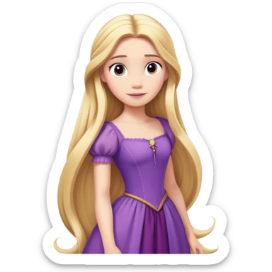 Rapunzel from hips up, purple dress, extremely long blonde hair, minimal style, larger size sticker