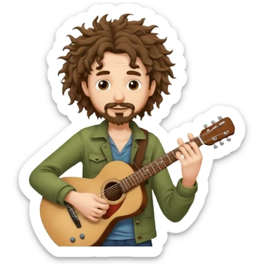 Generate a malnourished dude with curly hair and a shitty goatee who is high on marijuana playing the guitar and twisting a strand of his hair sticker