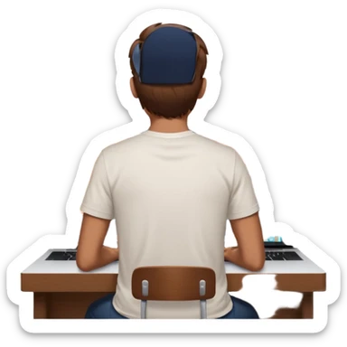 A man seen from behind, with detailed, well-lit hair. He is sitting in front of an open MacBook on a desk. On the MacBook screen, the Instagram logo is clearly visible and glowing.  sticker