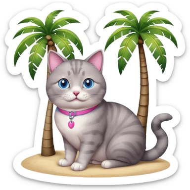 Fat grey cat with blue eyes and pink collar sitting outside under a palm tree sticker