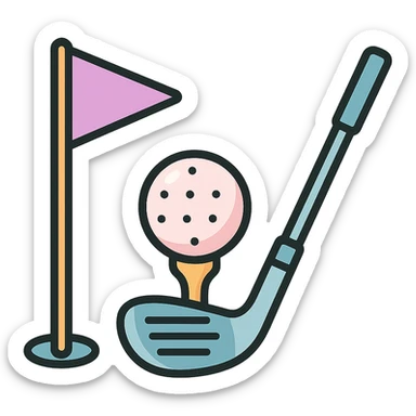 golf ball on a tee with flag and golf club included, icon-color-outlined style, detailed shading, thin clean outlines, soft rounded features, pastel palette #98B5BC #B5B3C1 #C9A3C9 #E4C0CA #F7DCD1 #F7C0AA, Japanese pop art, sticker look, highly detailed, vector clarity, soft lighting, subtle shadows, transparent background sticker