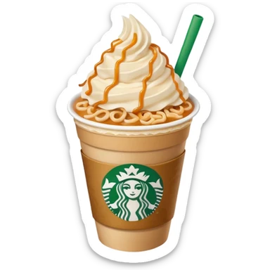 Hot ramen, macaroons on the side and caramel ribbon crunch frappucino in a starbucks cup sticker