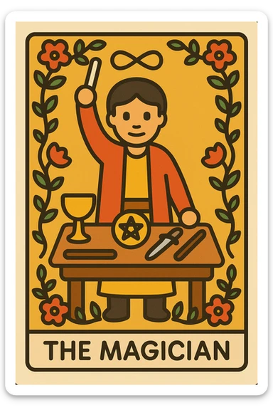 Simplified emoji of The Magician tarot card inspired by Rider Waite Smith, showing a magician with a wand, table with symbols, and a floral border, classic tarot card style sticker